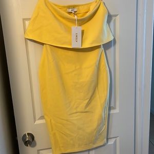 Likely Driggs dress, zipper side off shoulder with split in rear
